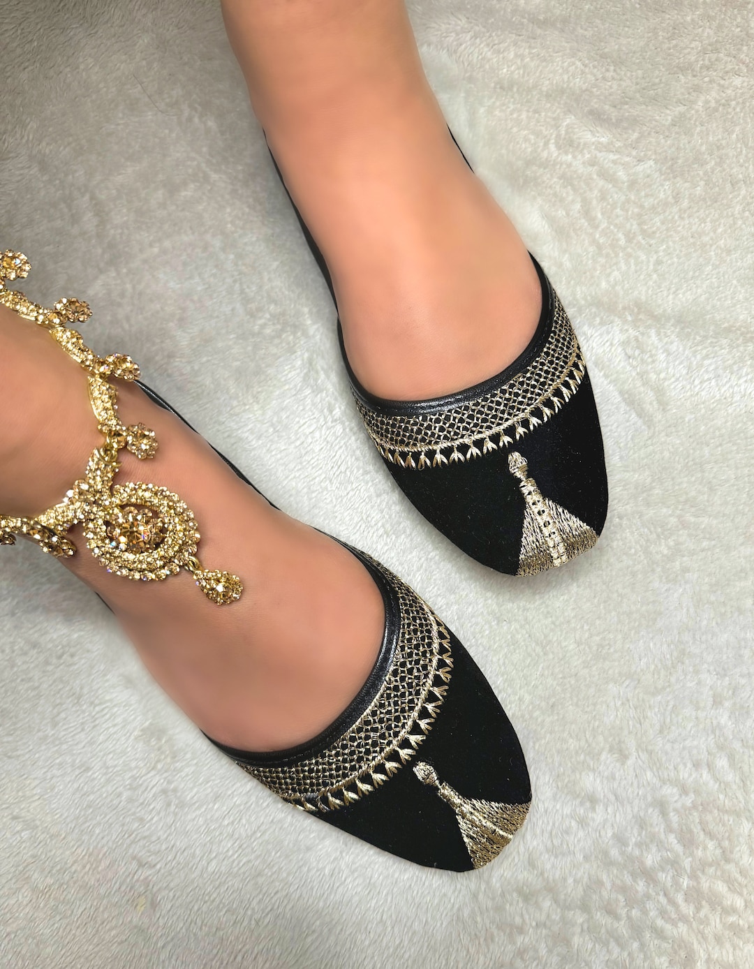 Black Gold Mesh Delight Khussa Jutti Indian Pakistani Womens Shoes Pumps  Slip on Footwear Wedding