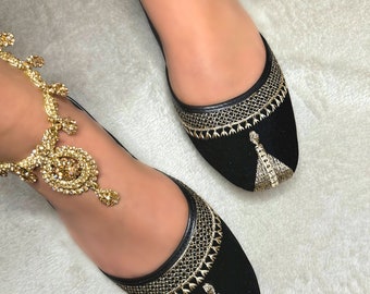 Zwart & Goud Mesh Delight Khussa Jutti Indiase Pakistaanse Damesschoenen Pompen Slip-on Schoenen Bruiloft