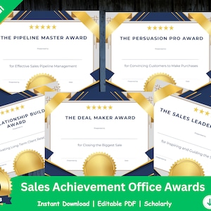 May include: A set of 50 printable sales achievement office awards. The awards are designed with a gold and blue color scheme and feature a gold star rating system. The awards are titled: The Pipeline Master Award, The Persuasion Pro Award, The Relationship Build Award, The Deal Maker Award, and The Sales Leadership Award.