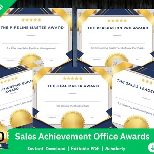 May include: A set of five printable certificates with gold and blue accents. The certificates are for sales achievement awards and include titles such as "The Pipeline Master Award", "The Persuasion Pro Award", "The Relationship Build Award", "The Deal Maker Award", and "The Sales Leadership Award".