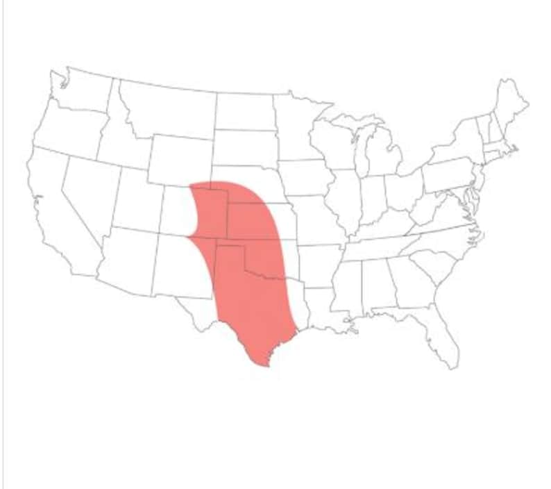 May include: A white map of the United States of America featuring thin black outlines for state borders. A solid, light coral-colored shape is overlaid across the central and southern regions, covering parts of several states in a vertical orientation.
