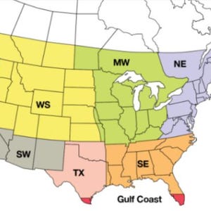 May include: A map of the United States divided into color-coded regions labeled with abbreviations including NW, WS, MW, NE, SW, TX, and SE. The map features black outlines for state borders and includes the text Gulf Coast at the bottom right.