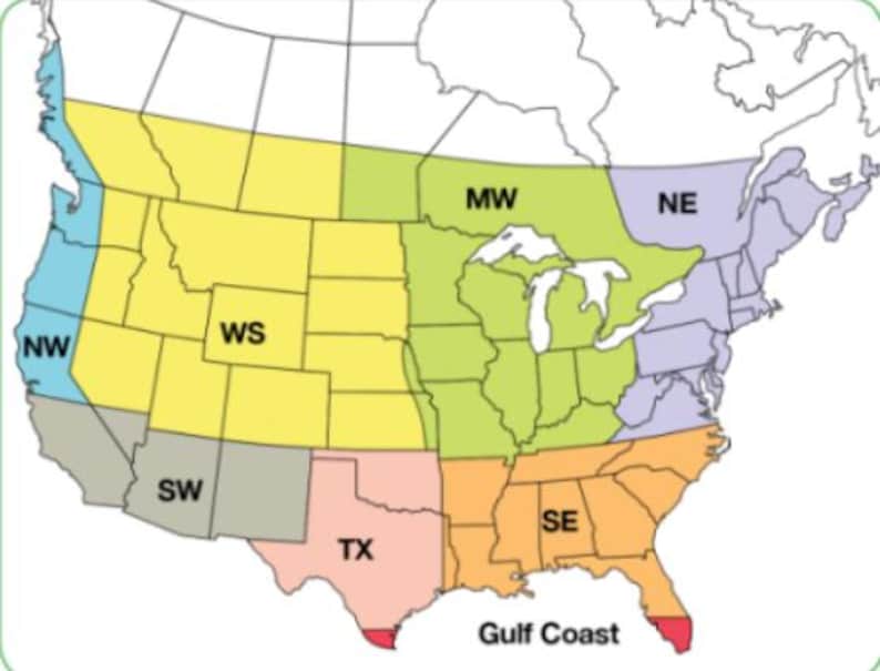 May include: A map of the United States divided into color-coded regions labeled with abbreviations including NW, WS, MW, NE, SW, TX, and SE. The map features black outlines for state borders and includes the text Gulf Coast at the bottom right.