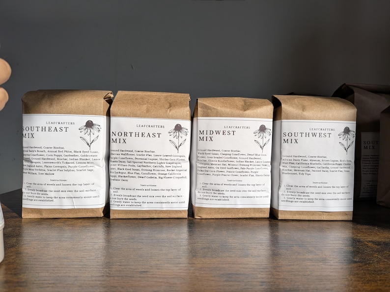 1lb bags of Southeast, Northeast, Midwest, and Southwest Seed mix. Includes ground hardwood, wildflower seeds, and our custom blend of activated biochar to improve soil health and increase seedling survival rates.