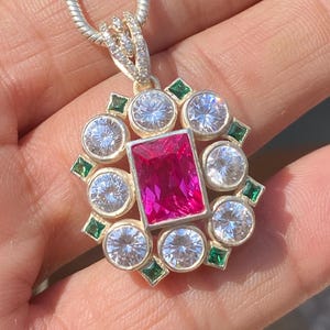 Pink Topaz Diamond Halo Pendant: Emerald Accent, 925 Silver