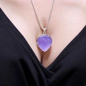 Handmade Purple Jade Heart Pendant: 925 Sterling Silver Calming Necklace