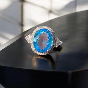 aniversary ring Swiss Blue Topaz and Halo Diamond Ring