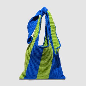 May include: A blue and green striped crocheted tote bag with a knotted handle.