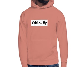 May include: A coral-coloured hoodie with a white box on the front that says "Ohio.ily" in black text.