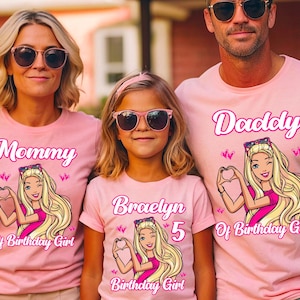 Girl&#39;s Birthday Shirt, Family Celebration T-shirt, Customized Birthday Tee, Blonde Doll Design, Birthday Party Shirt.