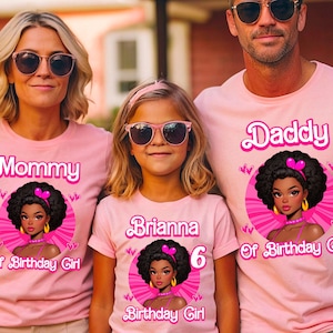 Girl&#39;s Afro Doll Birthday Shirt, Family Celebration T-shirt, Customized Birthday Tee, Blonde Doll Design, Birthday Party Shirt.