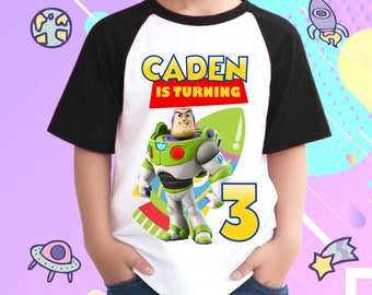 Gepersonaliseerde Buzz Lightyear feestvarken, feestvarken, raglanshirt, familieshirt, bijpassende T-shirt feestfamilie.
