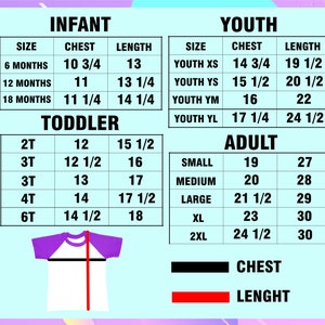 K&ouml;nnte beinhalten: Gr&ouml;&szlig;entabelle f&uuml;r Baby-, Kleinkind-, Jugend- und Erwachsenenkleidung. Die Tabelle zeigt Brust- und L&auml;ngenma&szlig;e in Zoll. Die Tabelle befindet sich auf einem rosa und blauen Hintergrund.