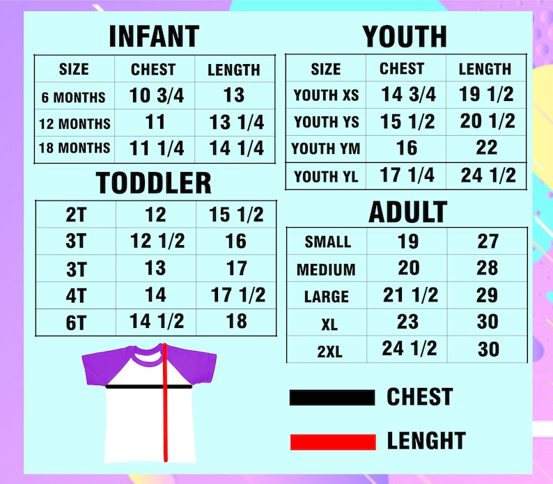 K&ouml;nnte beinhalten: Gr&ouml;&szlig;entabelle f&uuml;r Baby-, Kleinkind-, Jugend- und Erwachsenenkleidung. Die Tabelle zeigt Brust- und L&auml;ngenma&szlig;e in Zoll. Die Tabelle befindet sich auf einem rosa und blauen Hintergrund.