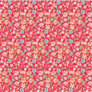 May include: A vibrant floral pattern featuring a red background with a repeating design of flowers, strawberries, and leaves in shades of pink, yellow, green, and blue. The design is dense and detailed.