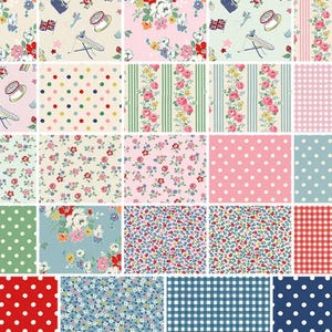 May include: A collection of twenty-five fabric swatches featuring diverse patterns including floral prints, polka dots, gingham checks, and striped designs in a vibrant color palette of red, blue, pink, green, and white for various textile projects.