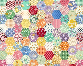 May include: A patchwork quilt featuring a vibrant array of hexagonal fabric pieces. The quilt showcases a variety of floral, polka dot, and patterned fabrics in shades of red, blue, yellow, green, and pink. The design is a colorful display of textile art.