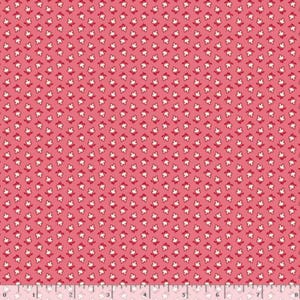 May include: A close-up of a pink fabric with a repeating pattern of small white and red floral designs. The fabric has a smooth texture and is suitable for quilting or other craft projects.