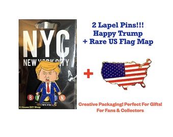 Épinglette officielle HAPPY TRUMP 2026 + épinglette carte drapeau des États-Unis Broche 250e anniversaire cadeau Maga amusant Make America Great Again Édition limitée !