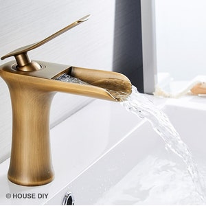 Brass Waterfall Faucet For Bathroom Sink. Antique Faucet. Gold Faucet. Modern Bathroom Vanity. Minimalist Design. Hot & Cold Water Mixer Tap