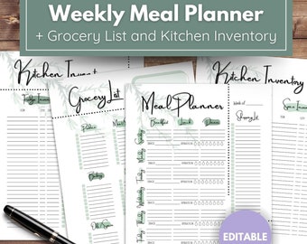 May include: A collection of printable weekly meal planners, grocery lists, and kitchen inventory sheets. The sheets are white with a minimalist design, featuring green accents and text. A black pen rests on the wooden surface, next to the planner.