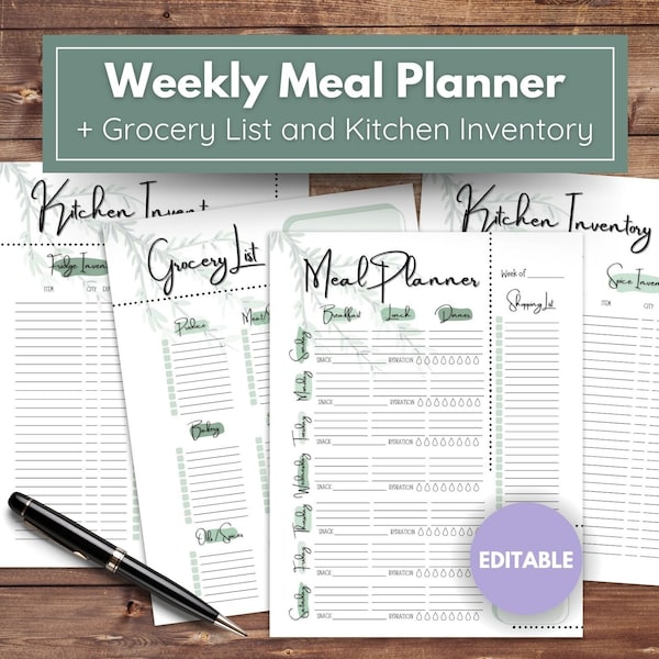 Editable Meal Planner Template Printable Grocery List Editable Pantry Checklist Fridge Inventory Freezer Organization Kitchen Inventory