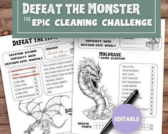 May include: A printable cleaning challenge game with a monster theme. The game features a checklist of cleaning tasks and a health points tracker. The player must complete the tasks to defeat the monster. The game is editable and includes a reward section.