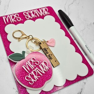 Custom teacher desk whiteboard notepad with personalized name and scalloped edges. Reusable dry erase board perfect for classroom reminders, daily teacher notes, and lesson planning lists. Great teacher appreciation gift, new teacher classroom accessory, and back to school teacher gift idea.