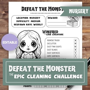 Könnte beinhalten: Eine druckbare schwarz-weiße Reinigungscheckliste für Kinder mit einem Cartoon-Mädchen mit einem gruseligen Lächeln. Die Checkliste trägt den Titel "Defeat the Monster: The Epic Cleaning Challenge" und enthält Aufgaben wie "Remove Trash", "Declutter" und "Dust Surfaces".