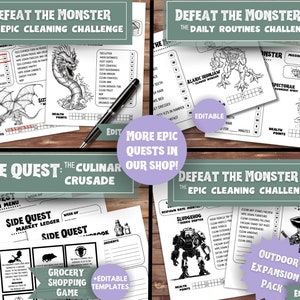 Op de afbeelding: Een printbare spelset met een fantasythema. Het spel heet "Defeat the Monster" en heeft verschillende uitdagingen, waaronder "The Epic Cleaning Challenge" en "The Daily Routines Challenge". Het spel bevat een zijmissie genaamd "The Culinary Crusade" en een outdoor uitbreidingspakket.