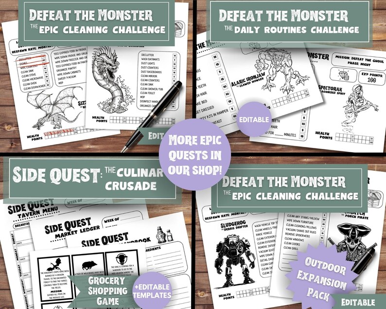 Op de afbeelding: Een printbare spelset met een fantasythema. Het spel heet "Defeat the Monster" en heeft verschillende uitdagingen, waaronder "The Epic Cleaning Challenge" en "The Daily Routines Challenge". Het spel bevat een zijmissie genaamd "The Culinary Crusade" en een outdoor uitbreidingspakket.