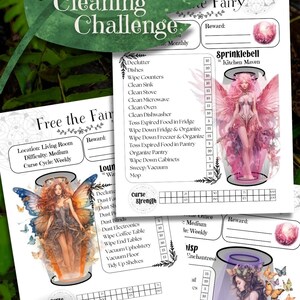 May include: Printable cleaning challenge chart with a fairy theme. The chart includes a list of cleaning tasks with points assigned to each task. The chart also includes a curse strength meter and a reward section.