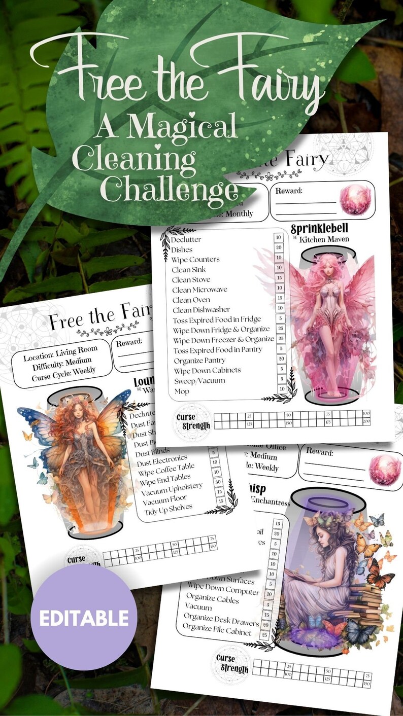 May include: Printable cleaning challenge chart with a fairy theme. The chart includes a list of cleaning tasks with points assigned to each task. The chart also includes a curse strength meter and a reward section.