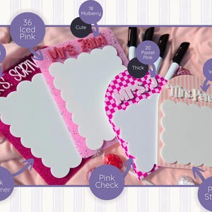 Layered acrylic teacher name whiteboard notepad with scalloped edges and dry erase writing area. Classroom teacher desk board used for reminders, daily notes, and organization. Ideal teacher appreciation week gift, new teacher welcome gift, or back to school classroom desk accessory. Great teacher thank you gift idea.