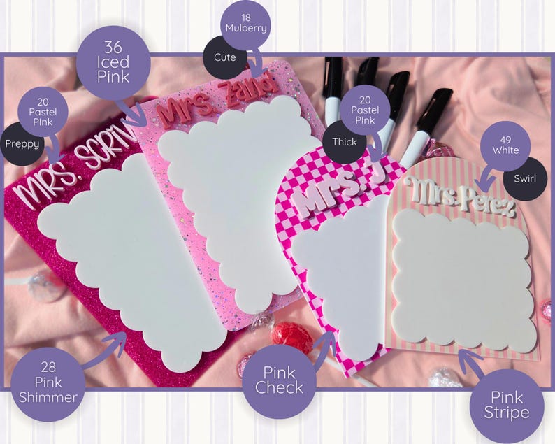 Layered acrylic teacher name whiteboard notepad with scalloped edges and dry erase writing area. Classroom teacher desk board used for reminders, daily notes, and organization. Ideal teacher appreciation week gift, new teacher welcome gift, or back to school classroom desk accessory. Great teacher thank you gift idea.