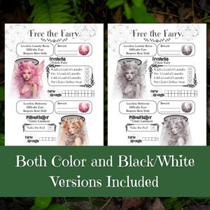 May include: Two printable game cards featuring a fairy character. The cards are titled "Free the Fairy" and include a list of tasks and a reward section. One card is in colour and the other is in black and white.