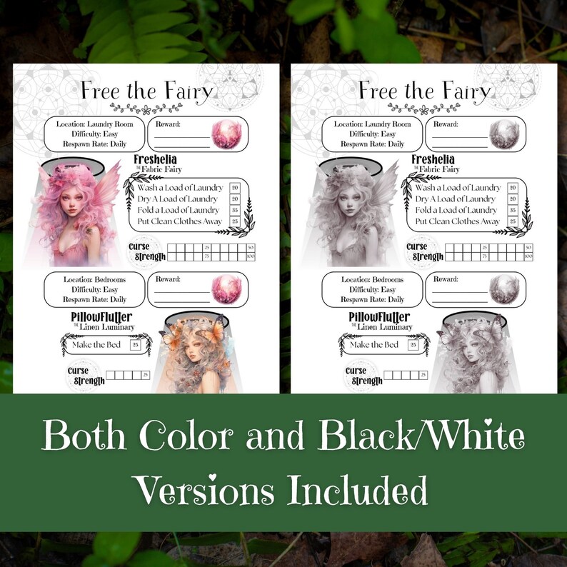 May include: Two printable game cards featuring a fairy character. The cards are titled "Free the Fairy" and include a list of tasks and a reward section. One card is in colour and the other is in black and white.