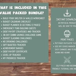 Op de afbeelding: Een groene en witte grafiek met de tekst "What is included in this value packed bundle?" en een lijst met items die in het pakket zijn inbegrepen. De items omvatten: Build your shelter (4 walls) worksheet, Budget calendar checklist, Budget planner (8 sections/2 pages), Emergency fund building quests, Debt payoff strategies and tracker, 30 day $1000 savings challenge game, Budget slashing challenges, No spending challenges, Gift bugeter/tracker, Achievement badges, Debt payoff certificate, Level up tracker, My progress tracker. De grafiek bevat ook de tekst "Direct downloaden, geen fysiek product wordt verzonden", "Pagina's afdrukken, pagina's in plastic hoesjes doen, een droog uitwisbare marker gebruiken voor gemakkelijke aanpassingen en om steeds opnieuw te gebruiken!" en "Zelf tempo bepalen en beginnersvriendelijk. Tutorials zijn inbegrepen!"