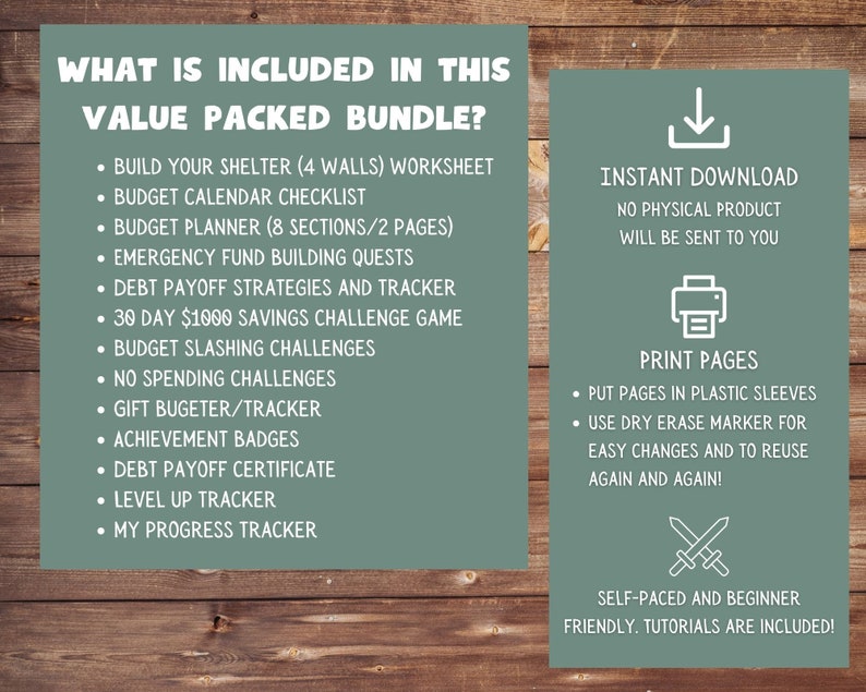 Op de afbeelding: Een groene en witte grafiek met de tekst "What is included in this value packed bundle?" en een lijst met items die in het pakket zijn inbegrepen. De items omvatten: Build your shelter (4 walls) worksheet, Budget calendar checklist, Budget planner (8 sections/2 pages), Emergency fund building quests, Debt payoff strategies and tracker, 30 day $1000 savings challenge game, Budget slashing challenges, No spending challenges, Gift bugeter/tracker, Achievement badges, Debt payoff certificate, Level up tracker, My progress tracker. De grafiek bevat ook de tekst "Direct downloaden, geen fysiek product wordt verzonden", "Pagina's afdrukken, pagina's in plastic hoesjes doen, een droog uitwisbare marker gebruiken voor gemakkelijke aanpassingen en om steeds opnieuw te gebruiken!" en "Zelf tempo bepalen en beginnersvriendelijk. Tutorials zijn inbegrepen!"