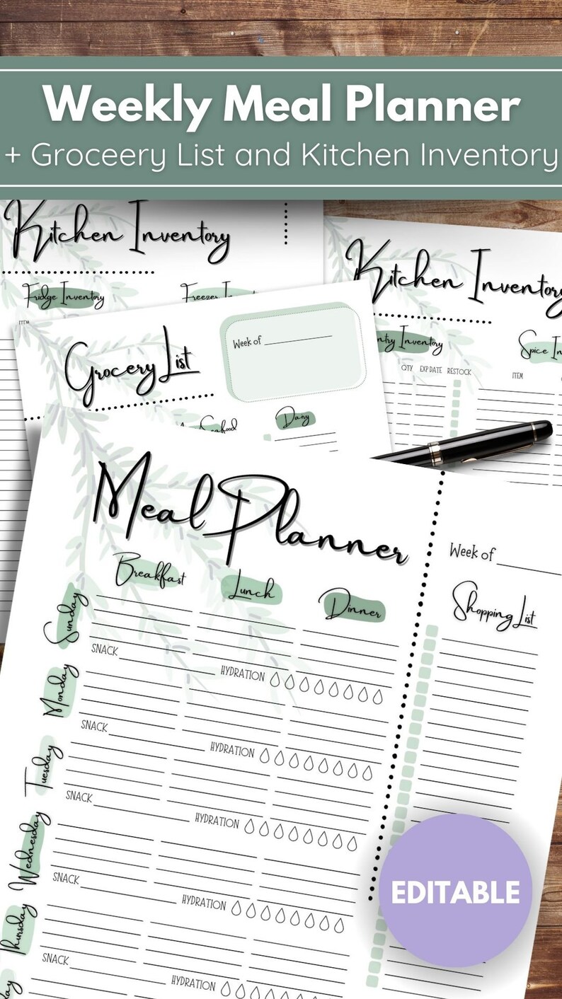 Editable Meal Planner Template Printable Grocery List Editable Pantry