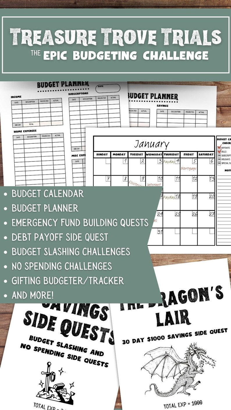 Op de afbeelding: Een printbare budgetplanner met een januari-kalender en een lijst met budgetuitdagingen. De uitdagingen omvatten sparen, schulden aflossen en budgetteren voor cadeaus. De planner is ontworpen om mensen te helpen de controle over hun financi&euml;n te krijgen en hun financi&euml;le doelen te bereiken.