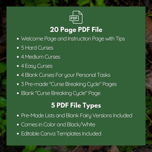 May include: A green background with white text that reads "20 Page PDF File" and lists the contents of the file. The file includes 5 hard curses, 4 medium curses, 4 easy curses, 4 blank curses, 3 pre-made "Curse Breaking Cycle" pages, and a blank "Curse Breaking Cycle" page. The text also reads "5 PDF File Types" and lists the file types as "Pre-Made Lists and Blank Fairy Versions Included", "Comes in Colour and Black/White", and "Editable Canva Templates Included".
