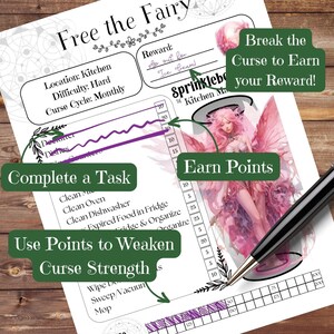 May include: A printable chart featuring a fairy illustration and a checklist for completing household chores. The chart includes a section for earning points, a section for weakening the curse, and a reward section. The reward is "go out for ice cream!"