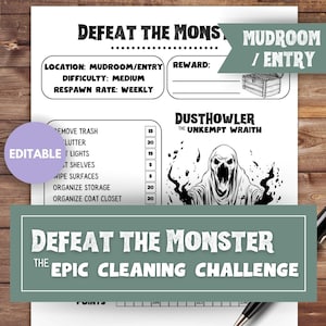 Puede incluir: Un juego de limpieza imprimible con un tema espeluznante. El juego se llama "DEFEAT THE MONSTER THE EPIC CLEANING CHALLENGE". El monstruo es un fantasma llamado "DUSTHOWLER THE UNKEMPT WRAITH". El juego incluye una lista de tareas de limpieza con puntos asignados a cada tarea.