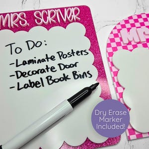 Custom teacher desk dry erase board in rectangle or arch shape with scalloped edges and a personalized teacher name. Reusable whiteboard notepad for writing reminders, classroom notes, and lesson planning tasks. Great gift for teacher appreciation week, end of year teacher gift, new teacher classroom setup, or back to school teacher desk accessory.