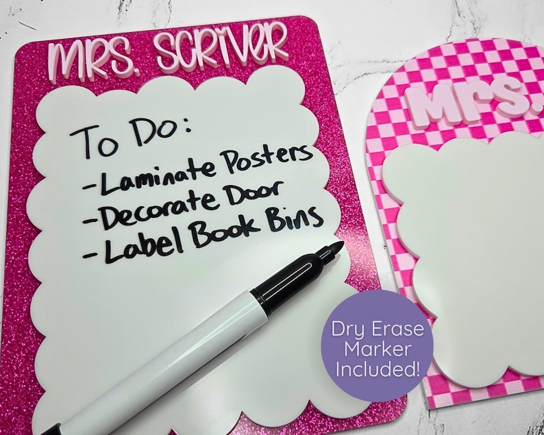 Custom teacher desk dry erase board in rectangle or arch shape with scalloped edges and a personalized teacher name. Reusable whiteboard notepad for writing reminders, classroom notes, and lesson planning tasks. Great gift for teacher appreciation week, end of year teacher gift, new teacher classroom setup, or back to school teacher desk accessory.