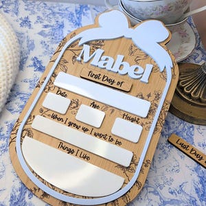 Reusable Custom Back to School Sign Coquette Photo Prop Name Sign Toile Engraved First Day of School Milestone Bow Design Girls Memory Board