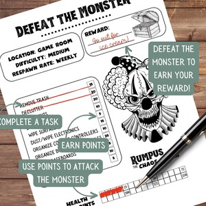 Editable Cleaning Checklist ADHD Kid Chore List Printable Chore Chart Spring Cleaning Challenge ADHD Monster Chore List Roll for Chore Game