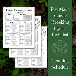 May include: A printable "Curse-Breaking Cycle" cleaning schedule with a daily quest grid and weekly tasks. The schedule is designed to help break negative patterns and create positive habits. The image also includes a geometric pattern.