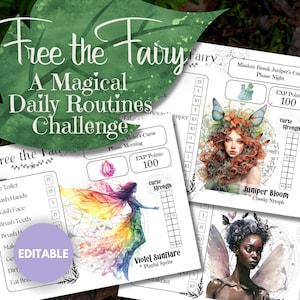 May include: Three printable daily routine challenge cards featuring fairies with colourful wings and a magical theme. Each card has a title, a character name, and a grid for tracking progress. The text on the cards includes "Free the Fairy", "Violet Sunflare", "Juniper Bloom", "EXP Points", and "Curse Strength".